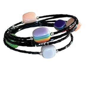 Black Beaded Colorful Layering Wrap Bracelet or Choker Necklaces